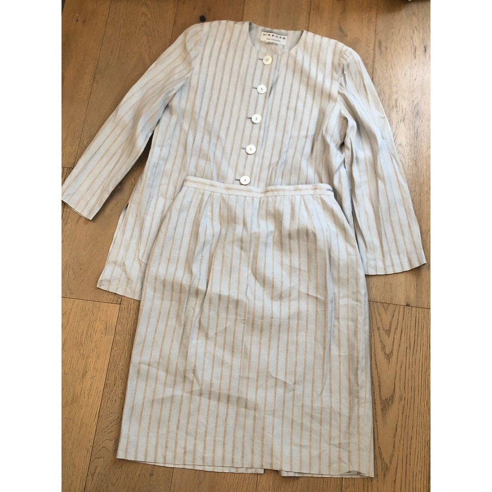 Jaeger Light blue gray Striped linen blazer Skirt suit ensemble